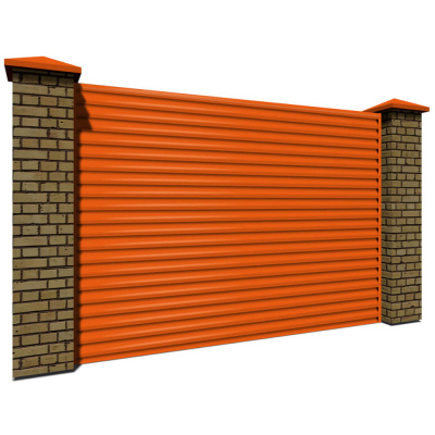 Секция забора жалюзи из ламелей еврожалюзи RAL2004 Оранжевый Апельсин с кирпичными столбами